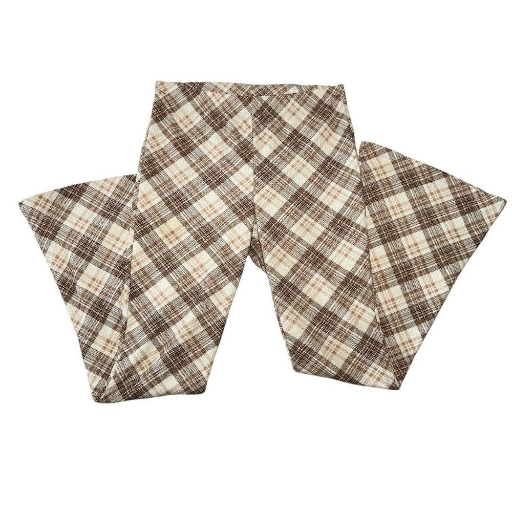 Dark Academia Topshop Crinkle Flared Pants in Neutral Check Print Plaid sz 8
